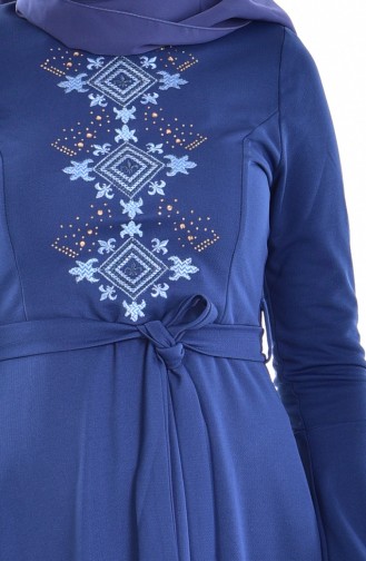 İşlemeli Kuşaklı Elbise 1861-02 İndigo
