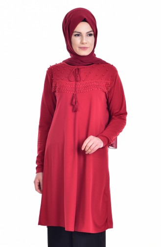 Dantelli İşlemeli Tunik 7577-02 Koyu Kırmızı