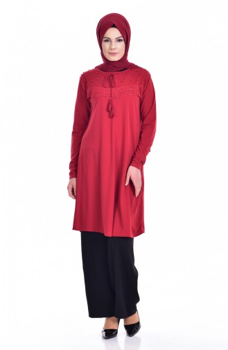Dantelli İşlemeli Tunik 7577-02 Koyu Kırmızı