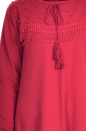 Dantelli İşlemeli Tunik 7577-02 Koyu Kırmızı