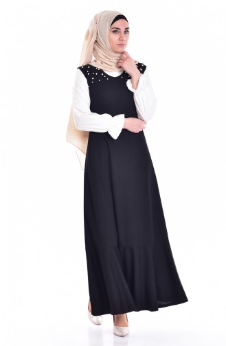 İnci İşlemeli Jile Elbise 7651-02 Siyah