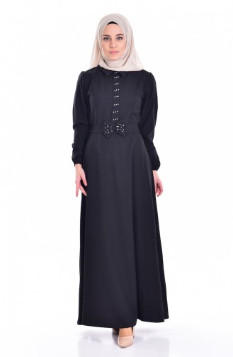 İncili Kemerli Elbise 1850-03 Siyah