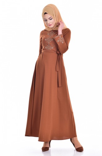 İşlemeli Kuşaklı Elbise 1861-04 Taba