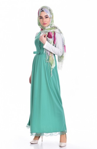 Düğmeli Jile Elbise 3037-15 Yeşil