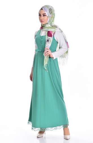 Düğmeli Jile Elbise 3037-15 Yeşil