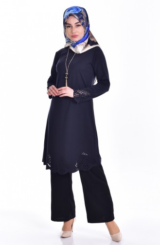 Laser Cut Tunic with Necklace 0657-04 Navy Blue 0657-04