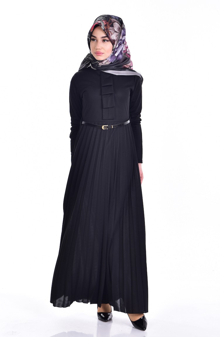 Kemerli Piliseli Elbise 3681-06 Siyah