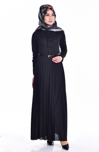 Kemerli Piliseli Elbise 3681-06 Siyah