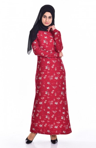 Çiçek Desenli Örme Krep Elbise 2906-01 Bordo