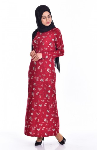 Çiçek Desenli Örme Krep Elbise 2906-01 Bordo