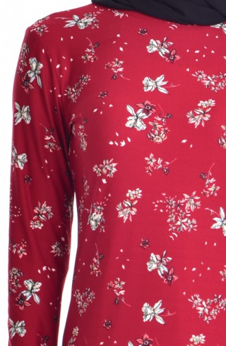 Çiçek Desenli Örme Krep Elbise 2906-01 Bordo