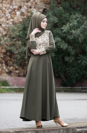 Khaki İslamitische Avondjurk 3019-06