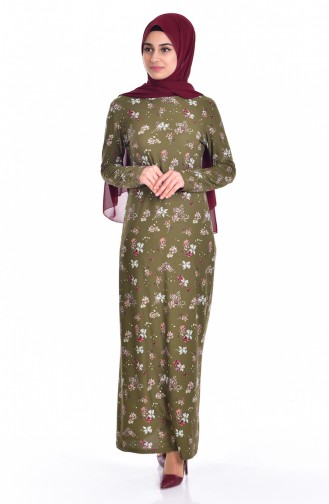 Flower Patterned Knitted Crepe Dress 2906-03 Khaki 2906-03