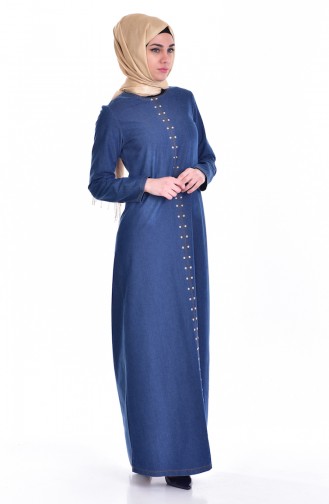 Taş Detaylı Kot Elbise 1613-01 Lacivert