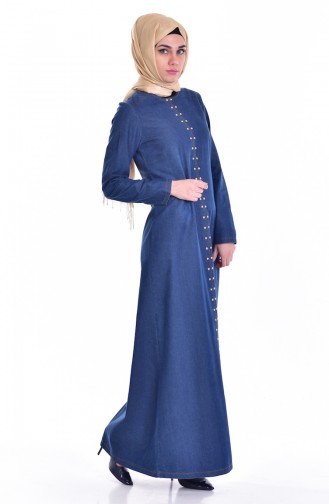 Stone Detailed Denim Dress 1613-01 Navy Blue 1613-01