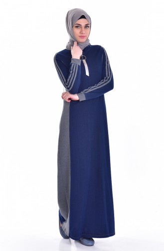Zipper Detailed Denim Dress 1680-01 Navy Blue 1680-01