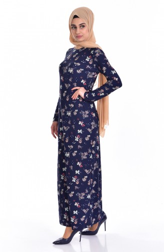 Flower Patterned Knitted Crepe Dress 2906-02 Navy Blue 2906-02