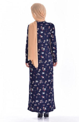 Çiçek Desenli Örme Krep Elbise 2906-02 Lacivert