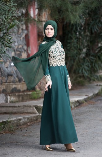 Emerald Green Hijab Evening Dress 3019-03
