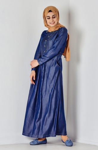 Denim Dress with Pockets 9149-01 Navy Blue 9149-01