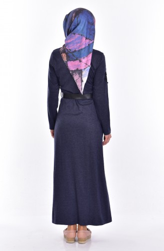 Embroidered Dress with Belt 9220-03 Navy Blue 9220-03