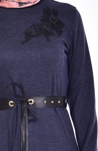 Embroidered Dress with Belt 9220-03 Navy Blue 9220-03