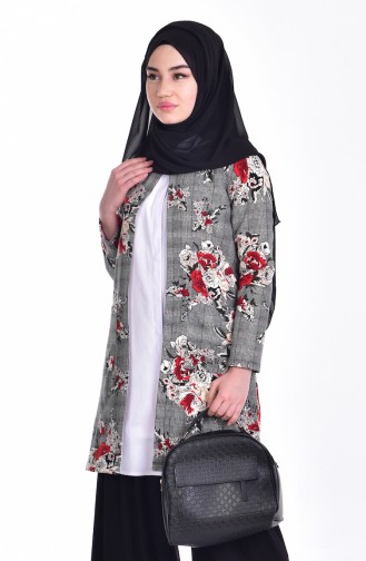 Veste a Motif Fleurs avec Poches 1119A-01 Noir Rouge 1119A-01