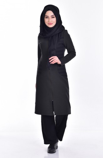 Garnished Zippered Coat 0111-02 Khaki Black 0111-02
