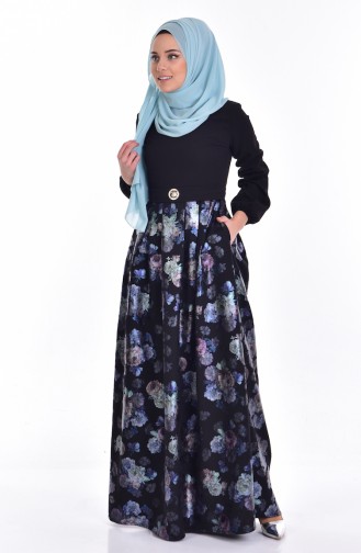 Çiçek Desenli Elbise 9592-01 Siyah