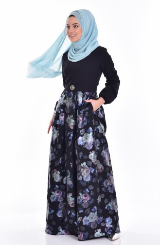 Çiçek Desenli Elbise 9592-01 Siyah