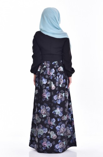Çiçek Desenli Elbise 9592-01 Siyah