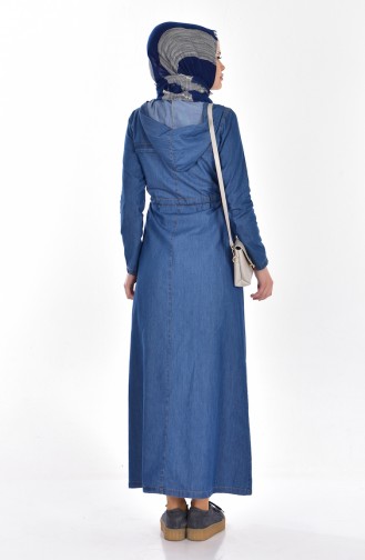 Kapüşonlu Bağcıklı Kot Elbise 9227-01 Kot Mavi