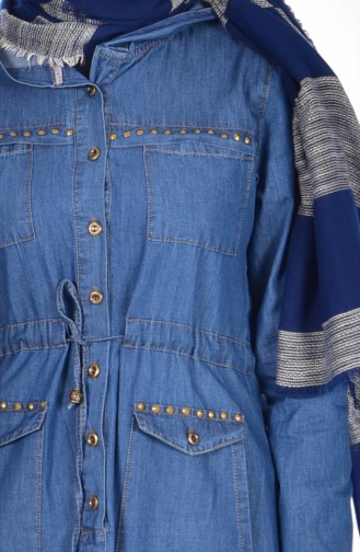 Kapüşonlu Bağcıklı Kot Elbise 9227-01 Kot Mavi