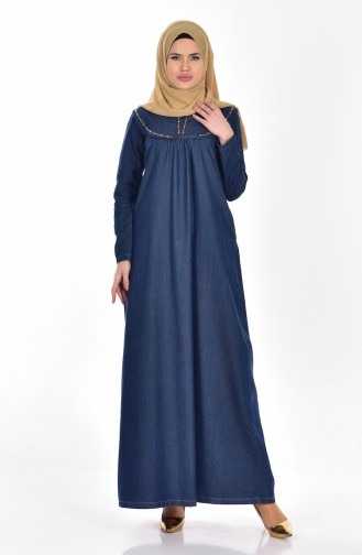 Taş Detaylı Kot Elbise 1610-01 Lacivert
