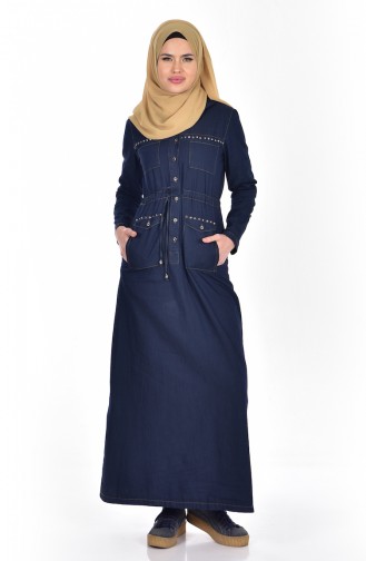 فستان جينز موصول بقبعة مزموم عند الخصر 9227-02