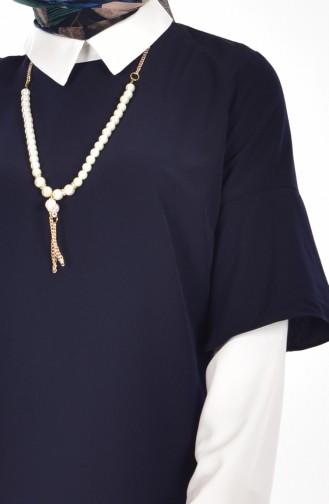 Garnished Tunic with Necklace 4011-06 Navy Blue 4011-06