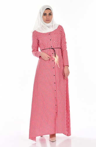 Kariertes Kleid mit Gürtel 8103-02 Rot 8103-02