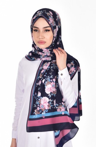 Châle a Motifs Fleurs 60051-13 Bleu Marine Rose Pâle 13