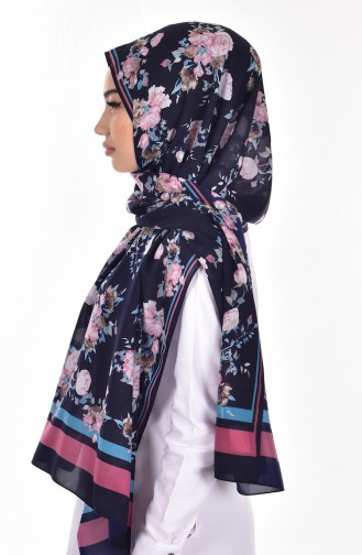 Châle a Motifs Fleurs 60051-13 Bleu Marine Rose Pâle 13