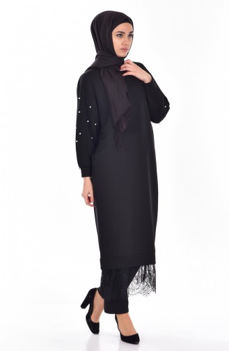 Long Tunic with Lacing and Pearls 1013-04 Black 1013-04