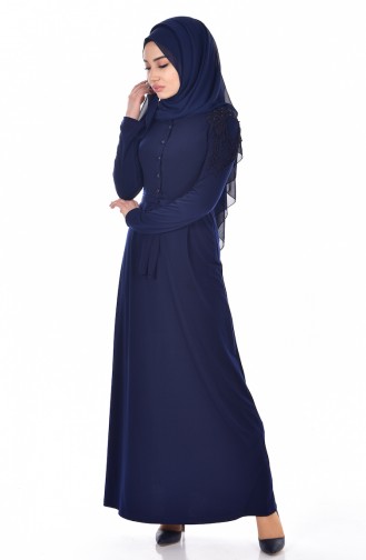 Lacing Detailed Dress with Belt 3687-06 Navy Blue 3687-06