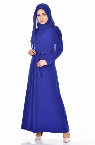 Lacing Detailed Dress with Belt 3687-05 Saxe Blue 3687-05