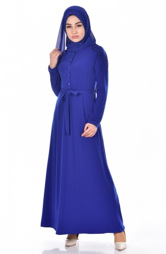 Lacing Detailed Dress with Belt 3687-05 Saxe Blue 3687-05