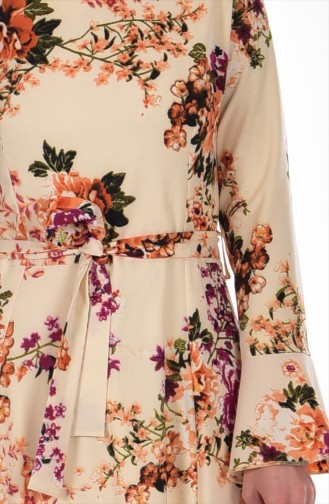 Flower Patterned Dress with Belt 5502-02 Ecru 5502-02