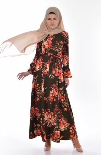 Çiçek Desenli Kuşaklı Elbise 5502-01 Haki