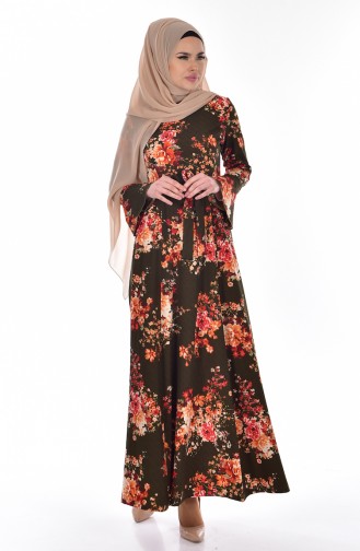 Çiçek Desenli Kuşaklı Elbise 5502-01 Haki