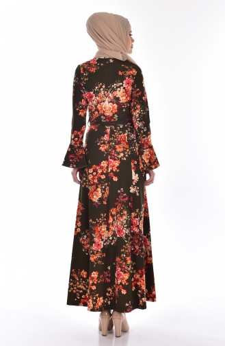 Flower Patterned Dress with Belt 5502-01 Khaki 5502-01