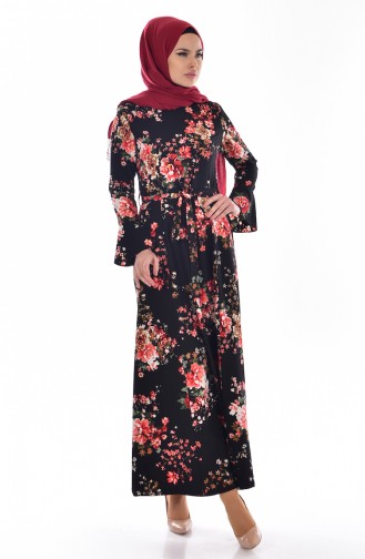 Flower Patterned Dress with Belt 5502-04 Black 5502-04