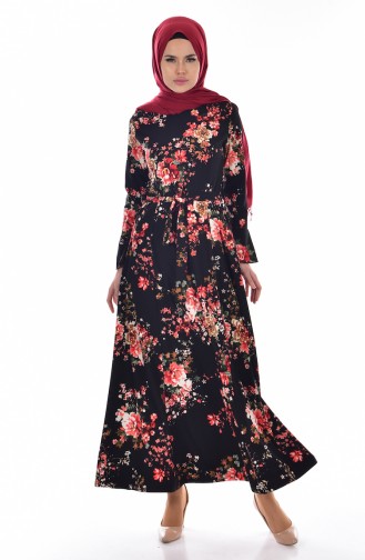 Flower Patterned Dress with Belt 5502-04 Black 5502-04