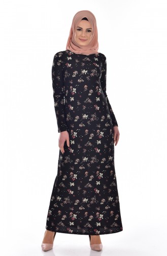Çiçek Desenli Örme Krep Elbise 2906-04 Siyah